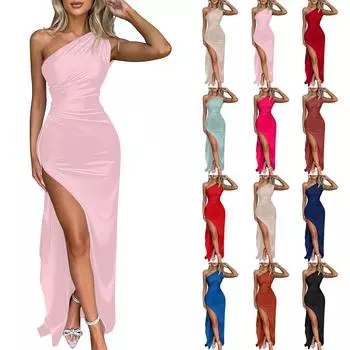 Женское сексуальное коктейльное платье макси на одно плечо с высоким разрезом для свадебной вечеринки L бежевый