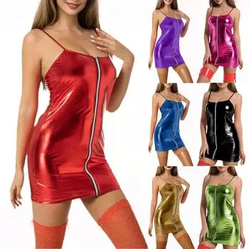 Женское сексуальное кожаное платье с зеркальными подтяжками L