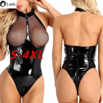 Сексуальное кожаное боди с сеткой в районе груди, 1 шт L