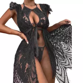 Женское сексуальное кружевное белье на шнуровке с открытой спиной, комплект из трех предметов L