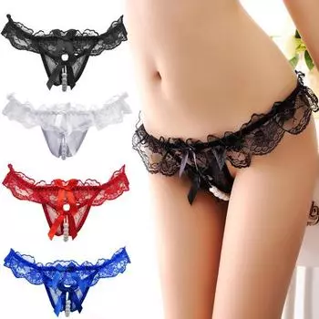 Женское сексуальное кружевное белье с открытой промежностью, стринги, сетчатые трусики с жемчугом искушения 1PC