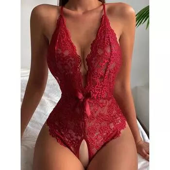 Женское сексуальное кружевное боди с V-образным вырезом и вырезом без вырезов, нижнее белье Babydoll с открытой спиной S