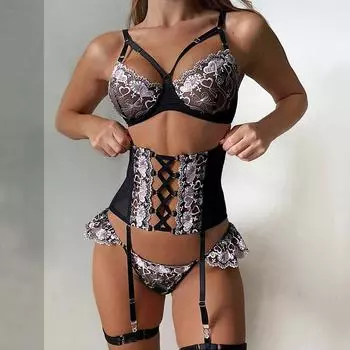 Женское сексуальное кружевное черное сетчатое нижнее белье с вышитым ремешком, комплект из трех предметов L чёрный