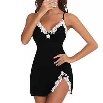 Женское сексуальное кружевное лоскутное платье-комбинация, ночная рубашка с бантом, нижнее белье L чёрный