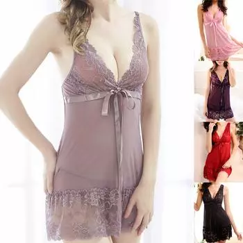 Женское сексуальное кружевное лоскутное платье-комбинация, ночная рубашка с бантом, нижнее белье XL фиолетовый