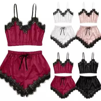 Женское сексуальное кружевное нижнее белье на бретельках, пижамный комплект, шелковые шорты на бретельках, одежда для сна, костюм из 2 предметов, одежда для сна S белый