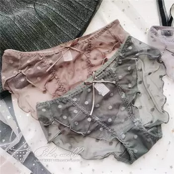 Женское сексуальное кружевное нижнее белье, трусики для девочек, милые хлопковые трусы с рюшами в горошек, эластичные тонкие полупрозрачные женские трусики с низкой талией белый