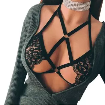 Женское сексуальное кружевное нижнее белье, бандажный эластичный бюстгальтер на бретельках, корсет с лямкой на шее, пуш-ап, укороченный топ, бюстгальтеры черного цвета XL
