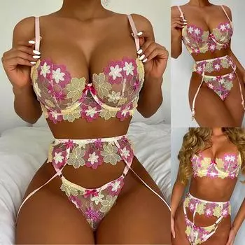 Женское сексуальное кружевное нижнее белье с цветочной вышивкой, сексуальный костюм-тройка со стальным кольцом L