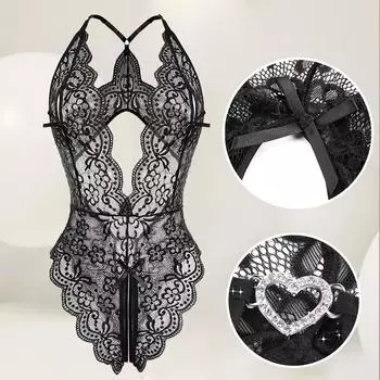 Женское сексуальное кружевное нижнее белье с полым бюстгальтером, глубокий V-образный вырез, открытый бюстгальтер, порно комплект нижнего белья, сексуальное прозрачное боди-платье L