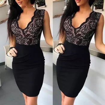 Женское сексуальное кружевное облегающее платье без рукавов, женское вечернее мини-платье с v-образным вырезом S чёрный