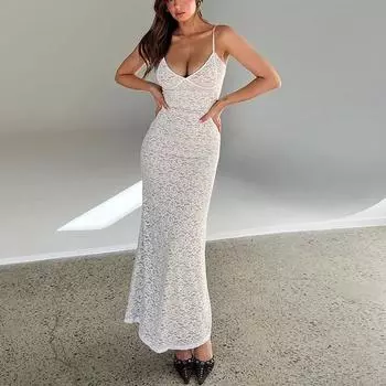 Женское сексуальное кружевное платье Элегантное модное облегающее платье с V-образным вырезом Винтажные вечерние клубные платья на бретельках Женское однотонное повседневное длинное платье с высокой талией 24535 L чёрный