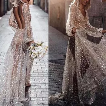 Женское сексуальное кружевное платье с блестками и длинными рукавами сзади, V-образным вырезом, длинное вечернее элегантное платье S белый