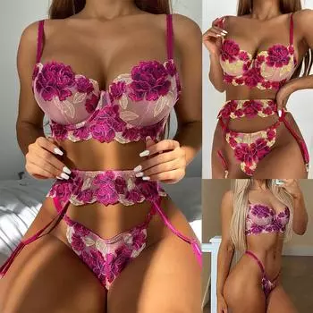 Женское сексуальное кружевное Полое прозрачное нижнее белье с цветочной вышивкой, костюм-тройка L фиолетовый