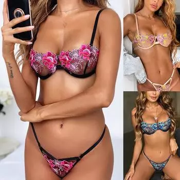 Женское сексуальное кружевное прозрачное нижнее белье с вышивкой, костюм из двух предметов S бежевый