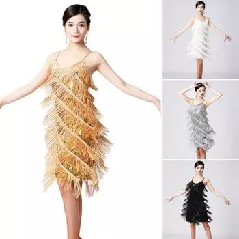 Женское сексуальное латинское платье с кисточками и v-образным вырезом без рукавов, многоуровневое платье с бахромой, элегантное вечернее клубное платье XL золотистый