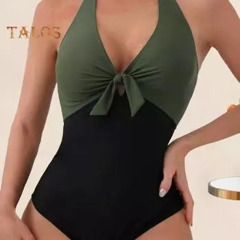 Женское сексуальное летнее монокини с бретелькой на шее, глубокий v-образный вырез, цельный купальник, лоскутный цветной декор с бантом, пляжная одежда с высокой талией и открытой спиной L армия зеленый