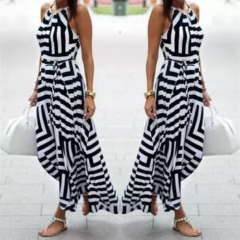 Женское сексуальное летнее платье в стиле бохо макси, длинное вечернее пляжное платье, сарафан L чёрный