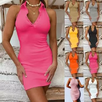 Женское сексуальное мини-платье без рукавов с лацканами, летняя мода, повседневное облегающее платье с V-образным вырезом, облегающие платья S белый