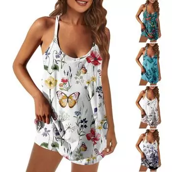 Женское сексуальное мини-платье на подтяжках с карманами и шортами с принтом бабочки M синий