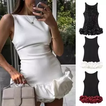Женское сексуальное мини-платье, однотонное, облегающее, женское платье с круглым вырезом, без рукавов, с открытой спиной, короткое платье для праздничной вечеринки S