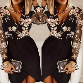 Женское сексуальное мини-платье с длинными рукавами и блестками и v-образным вырезом, вечерние коктейльные платья