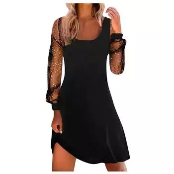 Женское сексуальное модное однотонное сетчатое платье с квадратным вырезом и длинными рукавами XL чёрный