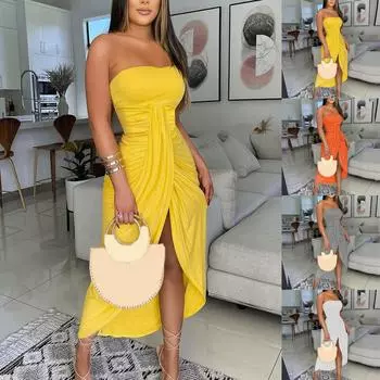 Женское сексуальное модное однотонное вечернее платье без рукавов без бретелек с нерегулярной драпировкой L