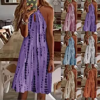 Женское сексуальное модное платье без рукавов с принтом в горошек и полоску L синий