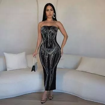 Женское сексуальное модное платье без бретелек с открытой спиной, цельное вечернее платье для женщин S чёрный