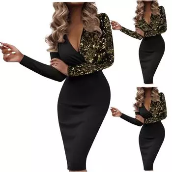 Женское сексуальное модное платье с глубоким V-образным вырезом и блестками, с длинным рукавом и длинным рукавом L чёрный