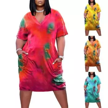Женское сексуальное модное повседневное карманное платье с v-образным вырезом и коротким рукавом с принтом тай-дай L оранжевый