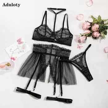 Женское сексуальное нижнее белье Aduloty, летний кружевной комплект из тонкой сетки, эротическое белье, комплект с бюстгальтером с металлической пряжкой S