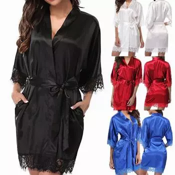 Женское сексуальное нижнее белье из ледяного шелка, атласные халаты с поясом, кимоно, одежда для сна, однотонная кружевная ночная рубашка с длинными рукавами, удобная ночная рубашка