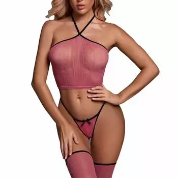 Женское сексуальное нижнее белье, костюм-тройка, сексуальная соблазнительная пижама с бретелькой через шею Average size