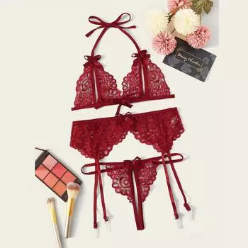 Женское сексуальное нижнее белье, кружевной бюстгальтер-бабочка, трусики, пояс для чулок, комплект из трех предметов S