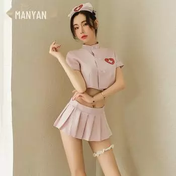 Женское сексуальное нижнее белье Manyan: Милый комплект униформы медсестры из прозрачного топа и плиссированной юбки 9752. L