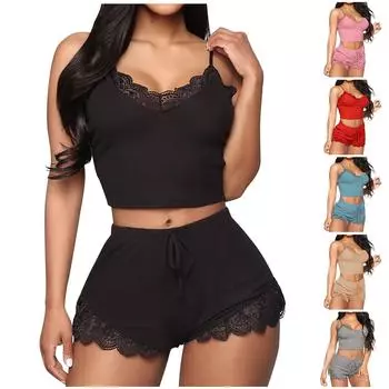 Женское сексуальное нижнее белье, однотонные шорты на подтяжках, пижамный костюм из двух предметов S чёрный