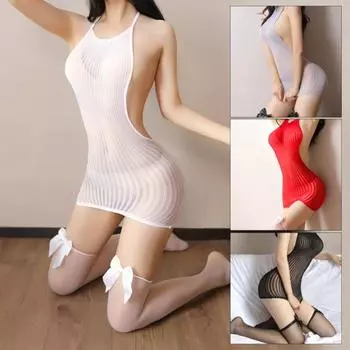 Женское сексуальное нижнее белье, пижамы в полоску, сетчатая экстра-тонкая юбка на бедрах, ночное белье Babydoll