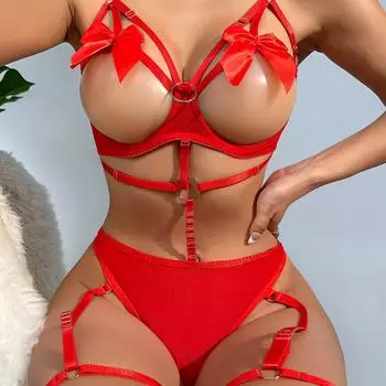 Женское сексуальное нижнее белье Пижамы Бюстгальтер с открытыми чашками Высокая талия Комплекты стрингов Кружевной эротический бэбидолл подвязки Трусы Пижамы Нижнее белье S