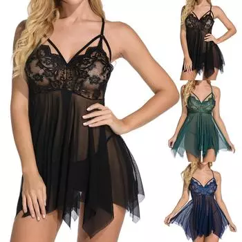 Женское сексуальное нижнее белье, прозрачное платье, стринги, пижамное платье с плечевым ремнем M чёрный