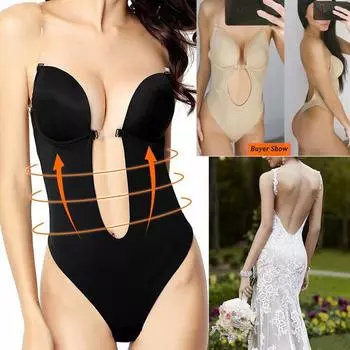 Женское сексуальное нижнее белье с глубоким V-образным вырезом, бюстгальтер с открытой спиной, боди с эффектом пуш-ап, прозрачные бретели, бесшовное U-образное свадебное платье, нижнее белье, корректирующее белье, стринги XL чёрный
