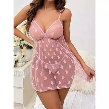 Женское сексуальное нижнее белье с сетчатыми бретельками, прозрачная ночная рубашка, спагетти, розовое платье-слинг, комплект эротического нижнего белья с стрингами S розовый