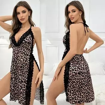 Женское сексуальное нижнее белье с леопардовым принтом, открытой спиной, кружевным разрезом, облегающим по фигуре, с V-образным вырезом, мини-ночная рубашка, соблазнительное экзотическое нижнее белье S