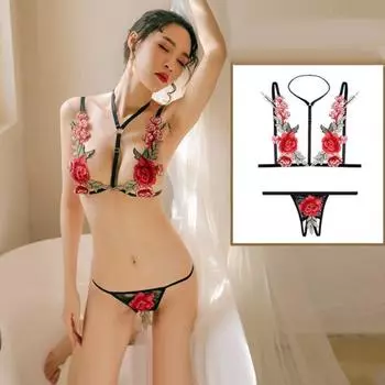 Женское сексуальное нижнее белье с цветочным принтом, эластичный бюстгальтер, стринги, повязки на тело, эротические костюмы