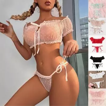 Женское сексуальное нижнее белье с запахом на груди и открытыми плечами, волнистый сетчатый комплект нижнего белья в горошек M