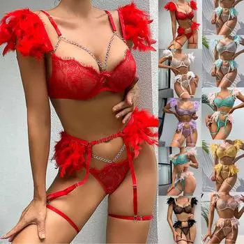 Женское сексуальное нижнее белье с перьями и кружевной цепочкой для похудения, цельное нижнее белье M