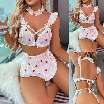 Женское сексуальное нижнее белье с принтом в виде сердца, пижамы, костюм, бюстгальтер, комплект, униформа, нижнее белье, косплей S