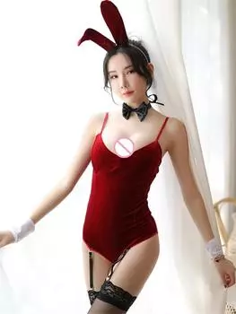 Женское сексуальное нижнее белье с накладкой на грудь, обтягивающий боди с тремя точками, золотистый бархатный костюм для девочек-кроликов, ролевая форма XXS