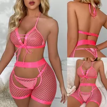 Женское сексуальное нижнее белье, сексуальный трехточечный пояс с подвязками, полый костюм из трех предметов M
